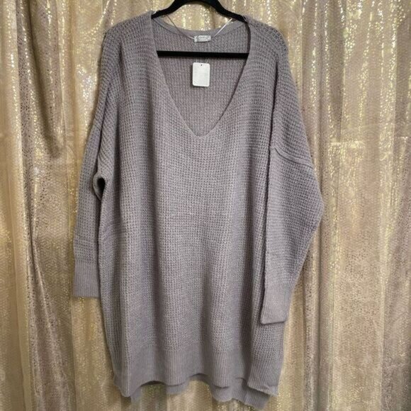 Free People C.O.Z.Y. Long Stretchy Oversized Tunic Sweater Gray Purple M/L NWT - Picture 1 of 10